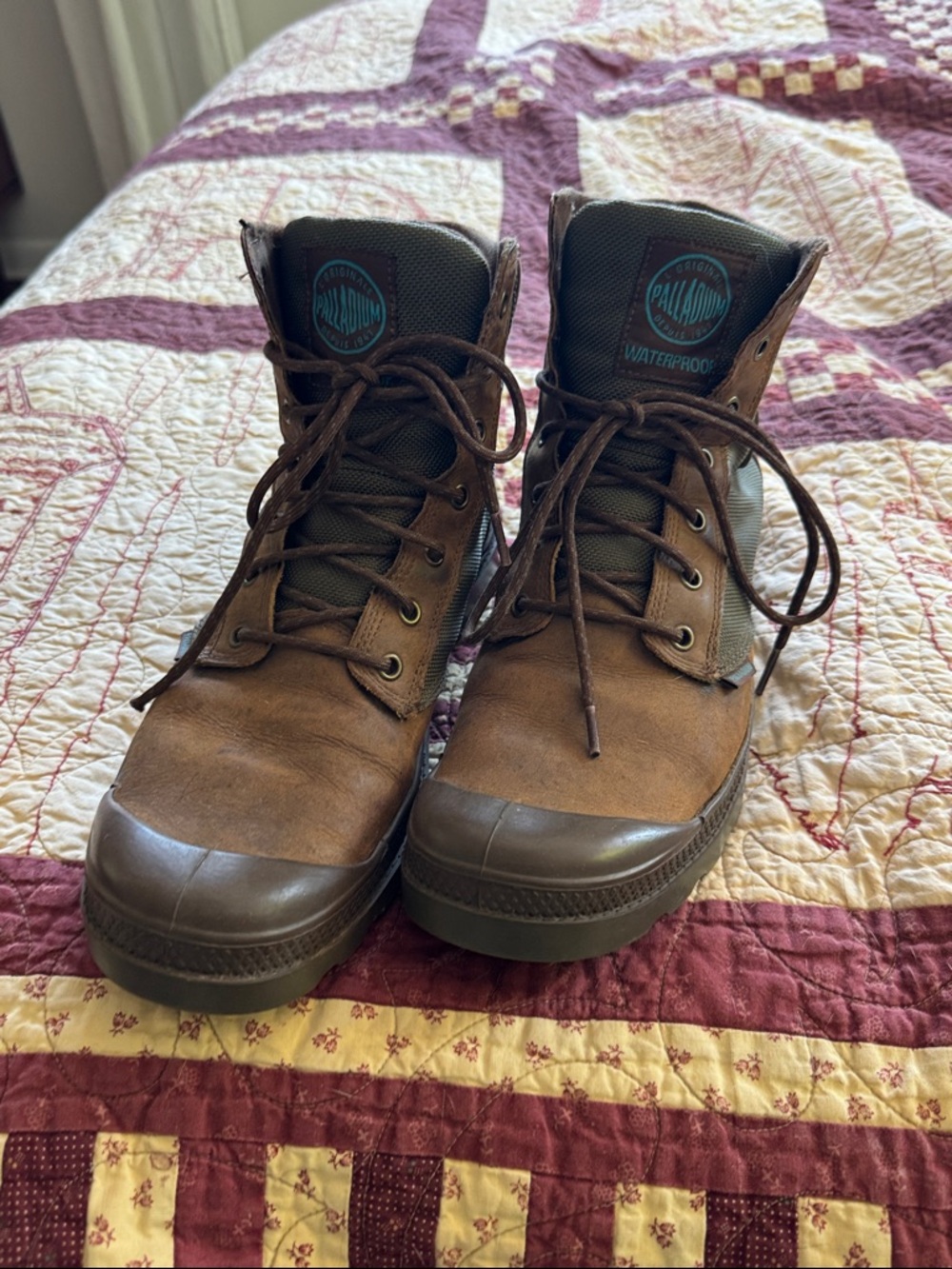Palladium Men's Brown Lace-Up Waterproof Boots with Green Tongue Accent